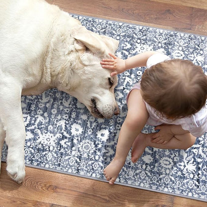 Vintage Floral 5x7 Rug, Light Blue White Washable Area Rug for Bedroom, Non Slip Living Room Rug Thin Print Faux Wool Super Soft Floor Carpet for Nursery Playroom Dining Room Indoor Office