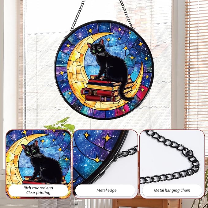 Rngmsi Cat and Moon Stained Glass Window Hanging Gifts, 7.8″ Sun Catchers for Indoor Window Decor, Decorative Sun Catchers Home Wall Art Gift for Thanksgiving Christmas Wedding Housewarming