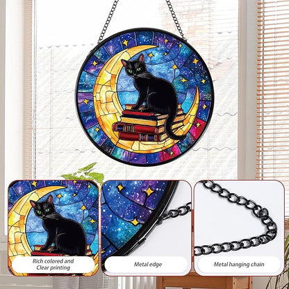 Rngmsi Cat and Moon Stained Glass Window Hanging Gifts, 7.8″ Sun Catchers for Indoor Window Decor, Decorative Sun Catchers Home Wall Art Gift for Thanksgiving Christmas Wedding Housewarming
