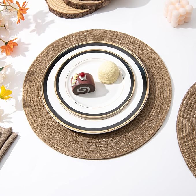 SHACOS Round Braided Placemats Set of 6 Washable Cotton Polyester 15 inch Round Table Place Mat for Dining Table (Brown, 6)