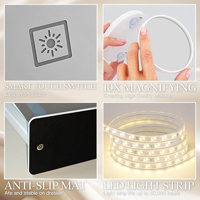 HNV 16"x13" Vanity Mirror with Lights, Rectangular Lighted Makeup Mirror with 10X Magnification, 3 Color Modes & Brightness Adjustable, Smart Touch, 360° Rotation Tabletop Mirror for Bedroom (White)