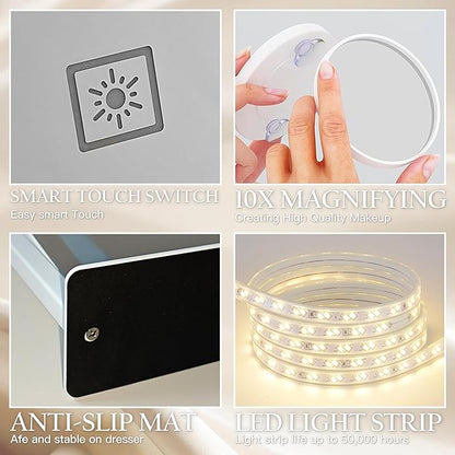 HNV 16"x13" Vanity Mirror with Lights, Rectangular Lighted Makeup Mirror with 10X Magnification, 3 Color Modes & Brightness Adjustable, Smart Touch, 360° Rotation Tabletop Mirror for Bedroom (White)