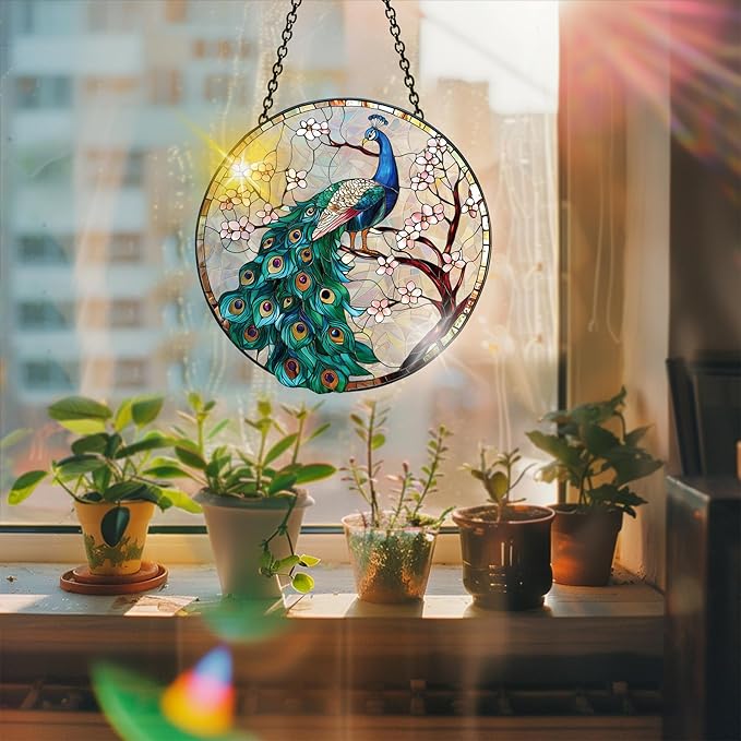 Bimkole Peacock Sun Catchers Indoor Window - Animals Acrylic Suncatcher Hanging Decoration for Living Room Bedroom Summer Home Balcony Outdoor Garden Ornaments Decoration 7.8x7.8 Inch