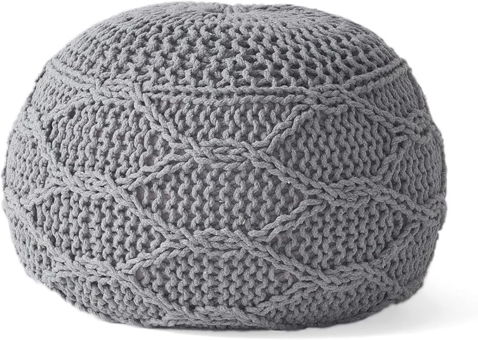 Knitted Cotton Round Pouf - 20x20, Modern Design, Soft Cotton, No Assembly, Porch Ottoman for Living Room, Gray, Ivory (Pouf - Gray)