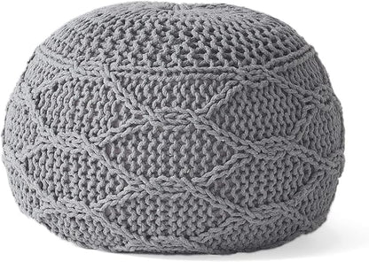 Knitted Cotton Round Pouf - 20x20, Modern Design, Soft Cotton, No Assembly, Porch Ottoman for Living Room, Gray, Ivory (Pouf - Gray)