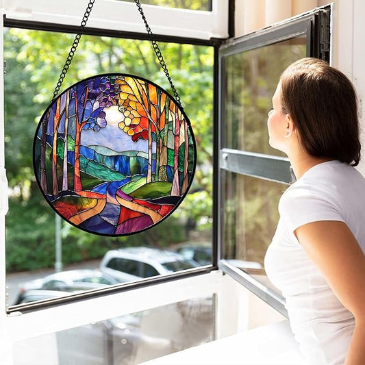 DASTOLL Stained Glass Window Hanging, Colorful Forest Landscape Tree Suncatcher for Doors Window Home Abstract Sun Catchers Decoration Mother's Day Birthday Gifts for Women, Men, and Mom 15 in