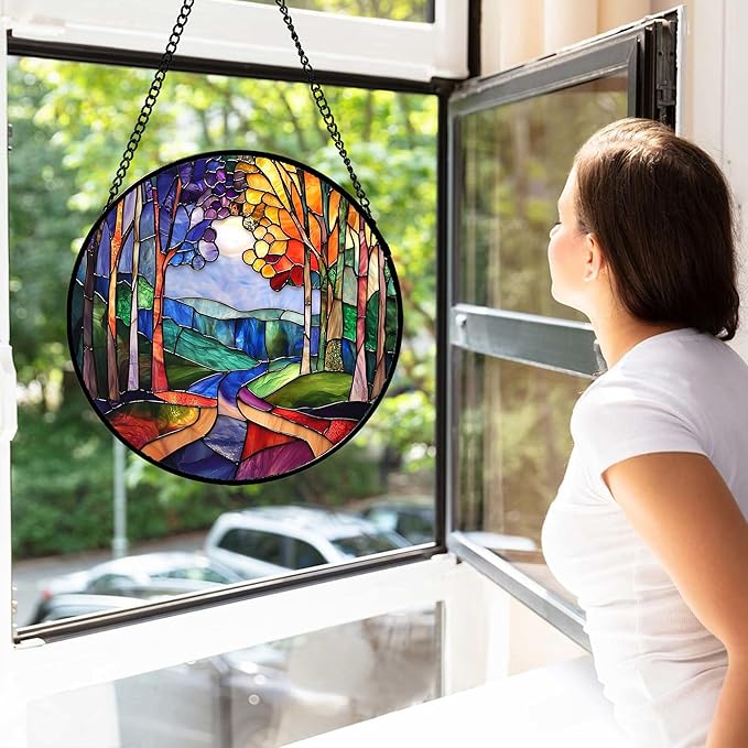 DASTOLL Stained Glass Window Hanging, Colorful Forest Landscape Tree Suncatcher for Doors Window Home Abstract Sun Catchers Decoration Mother's Day Birthday Gifts for Women, Men, and Mom 11.8 in
