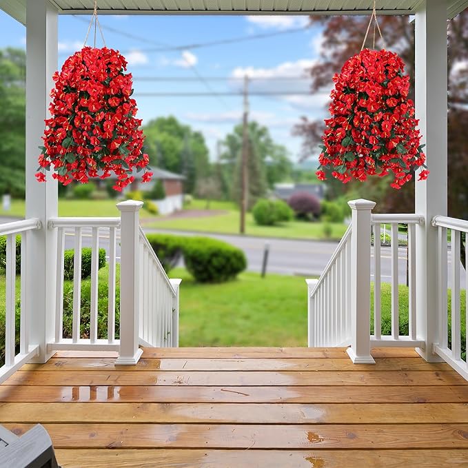 Sggvecsy Artificial Fake Hanging Flowers Plants for Outdoor Outside Spring Summer Decoration 2PCS Faux Silk UV Resistant Realistic Morning Glory Trailing Vines for Home Porch Patio Balcony(Red)
