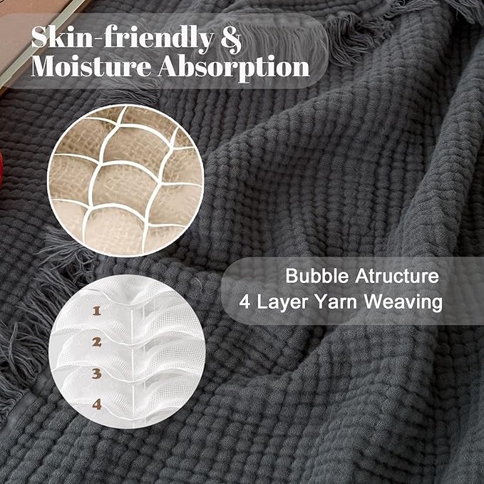 MorroMorn 100% Cotton Queen Size Bed Blanket 80"x90" Muslin Blanket with Fringes, 4-Layer Gauze Blankets for Adult, Boho Bedding Breathable Lightweight Ultra-Soft for All Seasons, Dark Grey