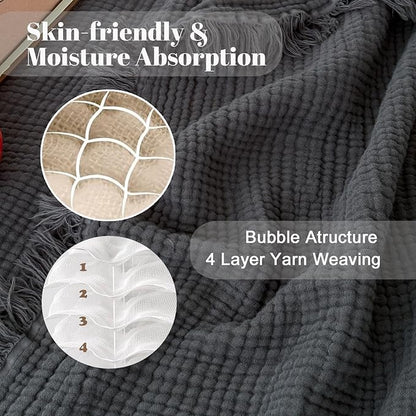 MorroMorn 100% Cotton Queen Size Bed Blanket 80"x90" Muslin Blanket with Fringes, 4-Layer Gauze Blankets for Adult, Boho Bedding Breathable Lightweight Ultra-Soft for All Seasons, Dark Grey