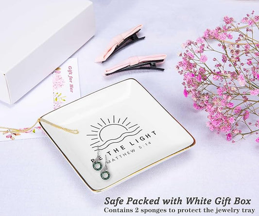 Affirmation Positive Birthday Christmas Gift for Woman-Be The Light,Inspirational Christian Scripture Religious Bible Verse Reminder Gift for Women,Encouragement Jewelry Tray Trinket Holder Ring Dish