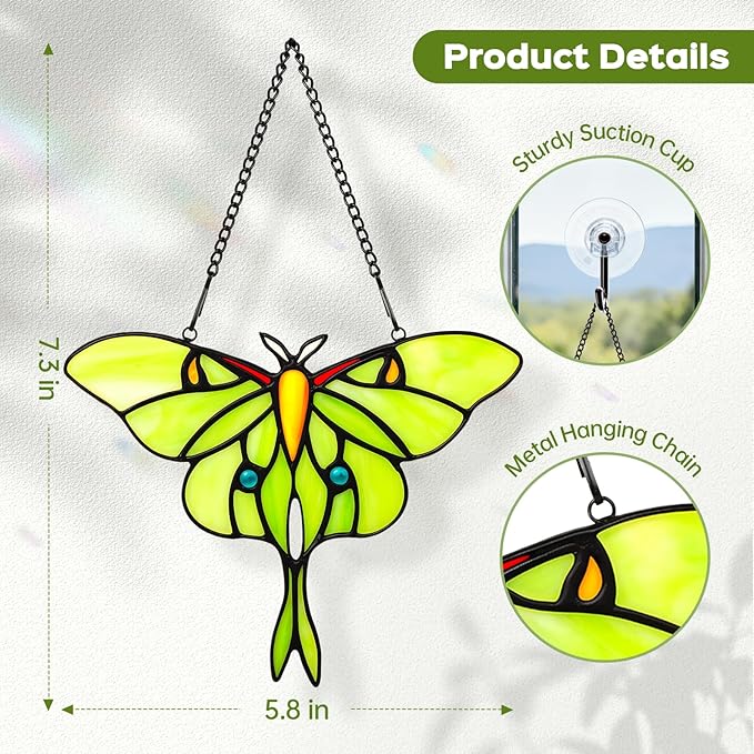 Luna Moth Sun Catcher Stained Glass Window Hanging IDEA SHOW 7.3Inch Handmade Real Glass Suncatcher Ornaments, Elegant Green Butterfly Memorial Gifts for Women, Mom, Grandma