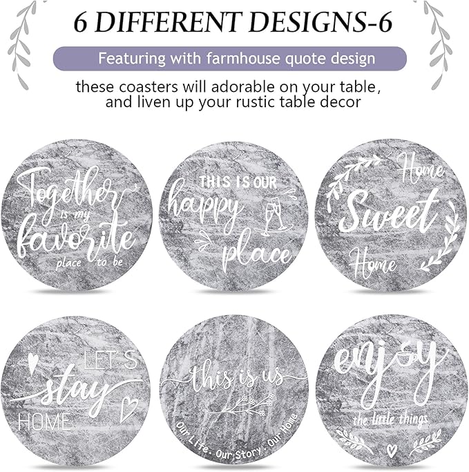 Queekay Coasters Set of 6 House Warming Gifts New Home Wooden Farmhouse Drink Coasters with Holder 4'' Funny Decoration for Kitchen Family Coffee Bar Tabletop Protection(Gray Marble)