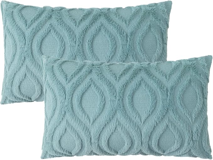 decorUhome Spring Throw Pillow Covers 12x20 Inch Set of 2, Soft Plush Faux Wool Aqua Solid Couch Pillow Covers, Accent Farmhouse Neutral Square Pillow Cases for Sofa Bed Living Room