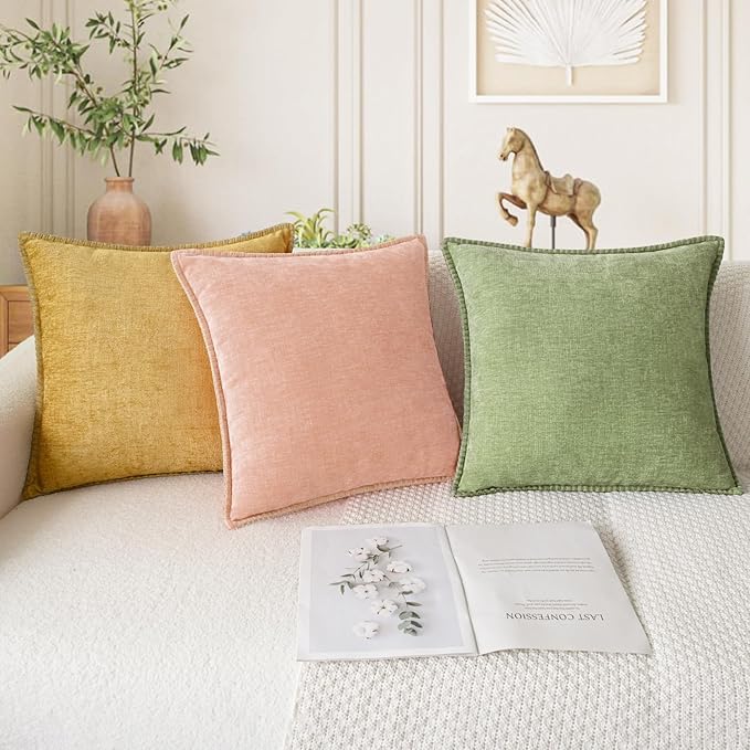 CaliTime Throw Pillow Covers Decorative 22 X 22 Inches Pack of 2 Cotton Thread Stitching Edges Solid Dyed Soft Chenille Cushion Cases for Couch Sofa Bed Living Room Farmhouse Dusty Pink