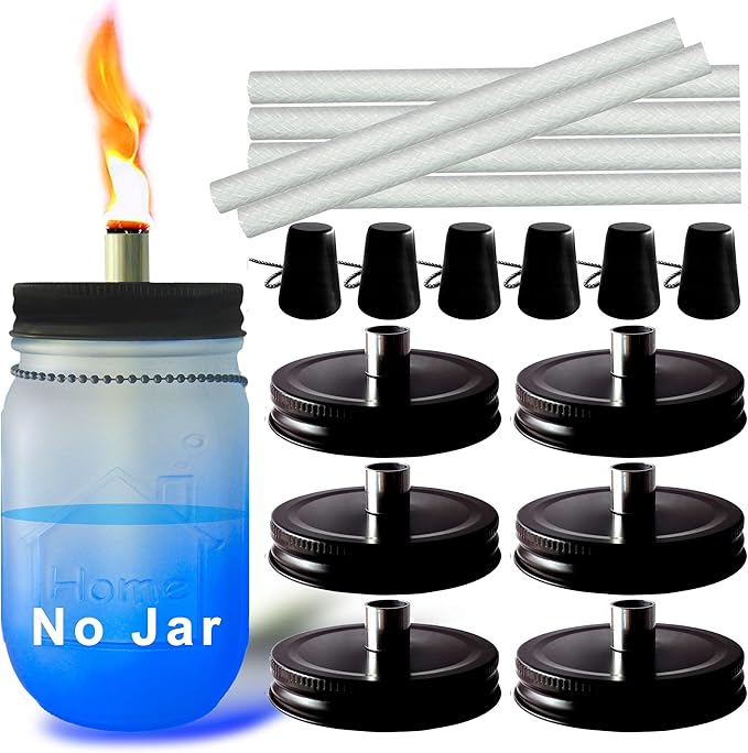 Mason Jar Tabletop Torches Kits,6 Pack Regular Mouth Lids with Protective Tube,Long Life Fiberglass Wicks and Caps,Outdoor Oil Lamp Lights for Patio Garden Camping Decor(Black)