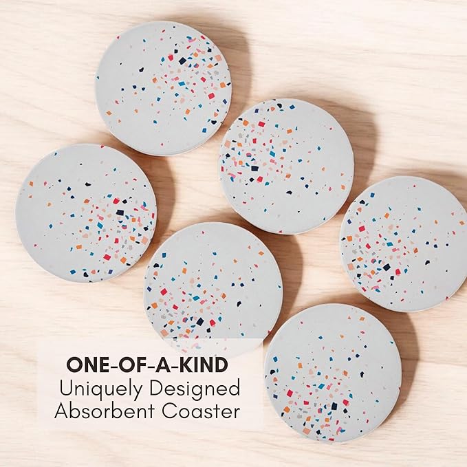 Terrazzo Drink Absorbent Coasters with Holder Set of 6, Ceramic Coaster for Drinks, Coffee Table Decor, Water Absorbing Stone Coaster for Drinks (Color Burst)