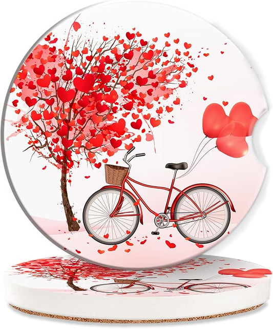 Love Tree Bicycle Cup Holder Coasters for Car,Cute Cup Holder Coasters,2 Pack Anti Slip Ceramic Car Cup Holder Accessories with Finger Notch for Women Men 2.56"