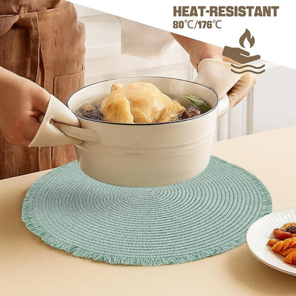 15 Inch Set of 6 Round Woven Placemats Braided Paper Heat Resistant Table Mats with Fringe Tassel Boho Indoor Outdoor Table Placemats for Dining Tables (Turquoise)