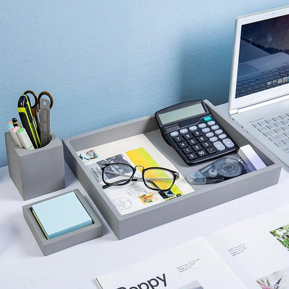 MyGift 3 pcs Set Modern Gray Concrete Desk Organizer Trays, Desktop Office Paper Tray, Stationery Holder Pencil Cup, Sticky Note Pad Holder