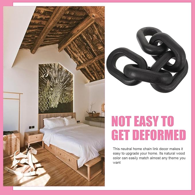 OSOLADY Wood Chain Link Decor: 5-Link Decorative Wooden Chain - Aesthetic Home Decor for Farmhouse Bookshelf Coffee Table Living Room Racks Cabinet Black