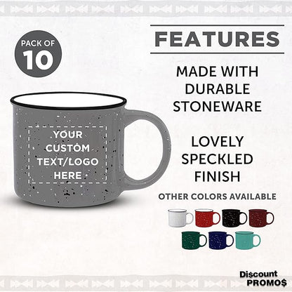 DISCOUNT PROMOS Custom Ceramic Campfire Coffee Mugs 13 oz. Set of 10, Personalized Bulk Pack - Perfect for Tea, Espresso, Cappuccino, Hot Cocoa - Grey