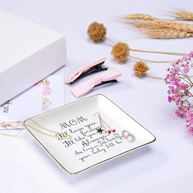Mother's Day Gift for Mom-Unique Birthday Thanksgiving Christmas Gift for Mother-Mommy Present-Ceramic Jewelry Tray,Trinket Holder,Ring Dish-Surprise Present for Mommy-Mom,I'll Love You Forever
