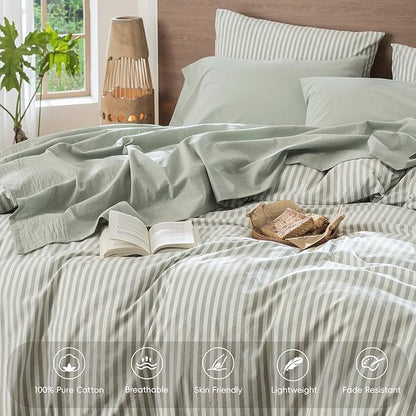MooMee Bedding Sheet Set 100% Washed Cotton Linen Like Textured Breathable Durable Soft Comfy (Heathered Sage Green, Queen)