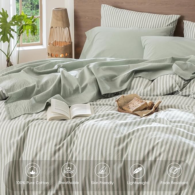 MooMee Bedding Sheet Set 100% Washed Cotton Linen Like Textured Breathable Durable Soft Comfy (Heathered Sage Green, Full)