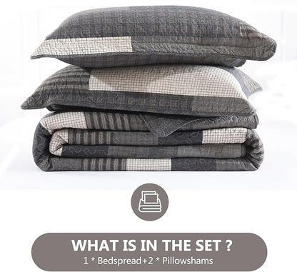100% Cotton 128"x120" Oversized Quilt Bedspread, Plaid Pattern California King Extra Large Quilt Bedding Set, Cal King XL Bed Spread Lightweight Comforter, Gray, 3Pcs