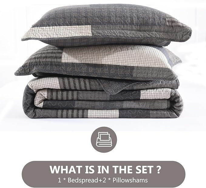 100% Cotton 120"x102" Oversized Quilt Bedspread, Plaid Pattern Oversized Queen Extra Large Quilt Bedding Set, XL Bed Spread Lightweight Comforter, Gray, 3Pcs