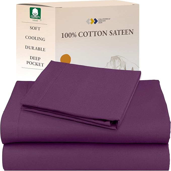 California Design Den Deep Pocket Sheets Twin XL Size Set - Natural 100% Cotton Sheets, Soft Sateen, All Around Elastic, Breathable and Durable Bedding for Dorm Room - Purple Passion