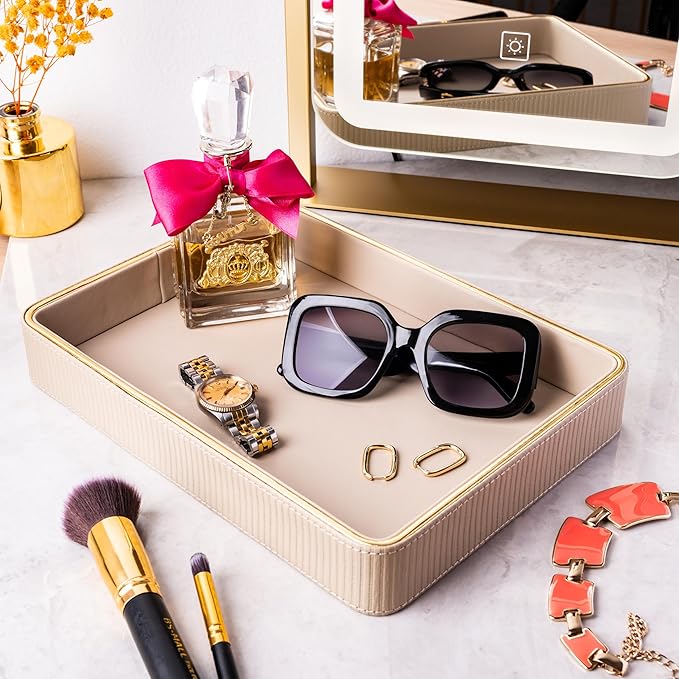 Perfume Tray Valet Tray Night Stand Organizer| Perfume Organizer Catchall Perfume Trays for Dresser Vanity Tray for Dresser| Perfume Holder (Beige 8"x11"x1.75")