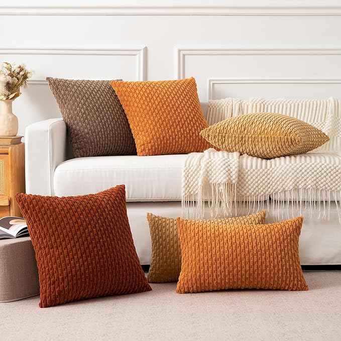 Kevin Textile Fall Throw Pillow Covers Soft Corduroy Decorative Set of 2 Boho Striped Pillow Covers Pillowcases Farmhouse Home Decor for Couch Bed Sofa Living Room 18x18 Inch Orange Yellow