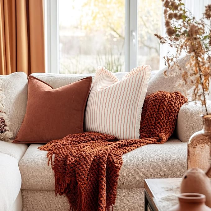 ZWJD Rust Throw Pillow Covers 12x20 Set of 2 Chenille Fall Pillow Covers with Elegant Design Soft and Luxurious Decorative Throw Pillows for Couch, Bed, and Home Decor
