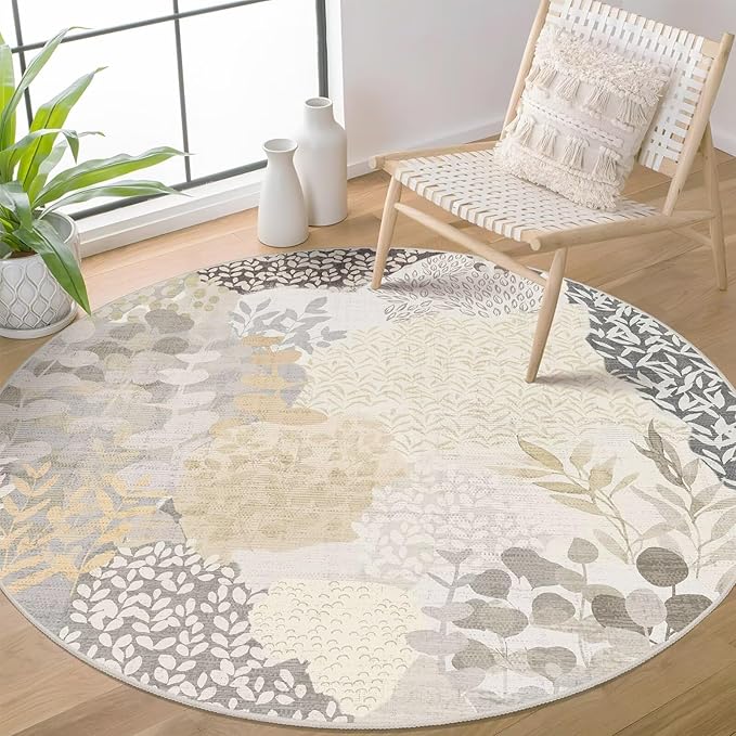 DEXDE Round Rug 6ft Washable Circle Area Rugs, Non Slip Low Pile Boho Floral Large Circular Carpet for Bedroom Bathroom Entryway Kids Room Office Dining Room, Gray
