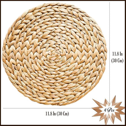 Woven Placemats Set of 4, Table Mats Set of 4, Water Hyacinth Round Placemats for Round Table, Chargers for Dinner Plates, Wicker Chargers for Dinner Plates, Woven Placemat, Place Mats 11.8 in