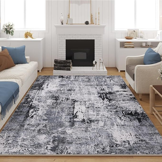 Rugcomf 9x12 Washable Boho Rug - Soft, Non-Slip, Non-Shedding Faux Wool Vintage Rug for Living Room, Dining Room, Kids Playroom, Indoor - Grey and Black