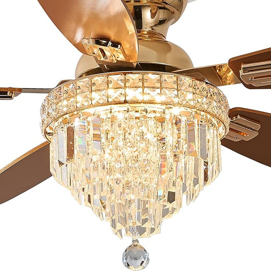 Crystal Ceiling Fan Fandelier with Lights-Ceiling Fans with Lights,50" Low Profile and Remote Control, Flush Mount, Reversible, Dimmable, Noiseless,Ceiling Fan for Bedroom（Gold）