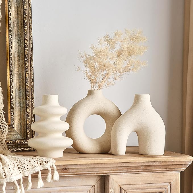 White Ceramic Vase Set of 3, Small Flower Vases for Pampas Grass, Modern Boho Vase for Decor, Round White Vases Centerpieces for Wedding Living Room Bedroom Coffee Table Dinner Table