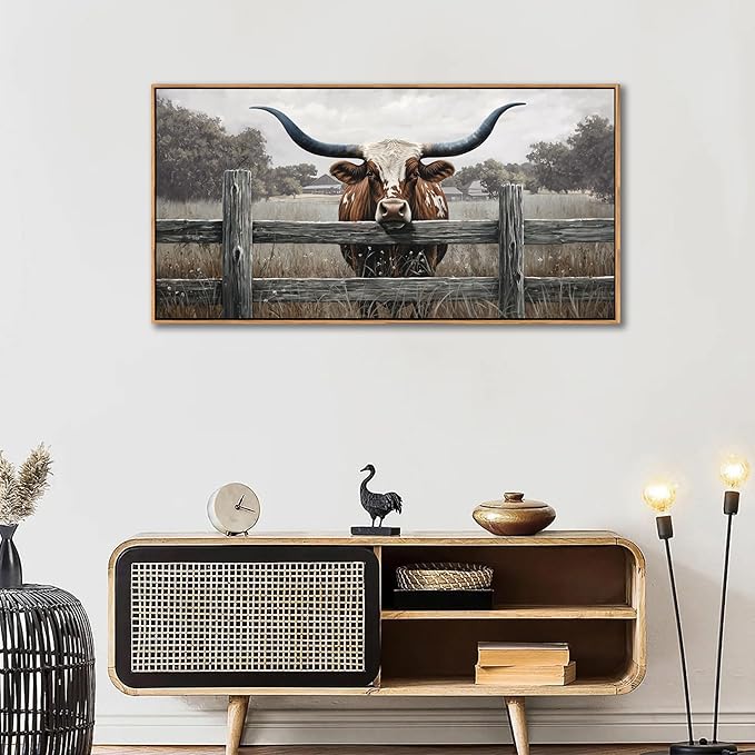Highland Cow Wall Art - Rustic Farmhouse Wall Art for Country Wall Decor, Vintage Artwork for Walls, Framed Pictures for Living Room, Large Canvas Painting for Bedroom Above Bed 20×40IN