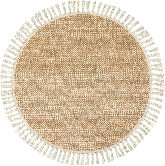 Collive Hand Woven Round Area Rug Soft Cotton Machine Washable Carpet 3ft Farmhouse Rugs with Tassels, Tan/Cream Circle Rugs for Bedroom Living Room Dining Room Table Office