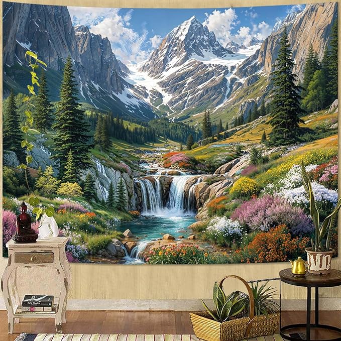 kampdream Snow Mountain Tapestry, Majestic Peaks and Creek Landscape Wall Hanging, Nature Home Decor for Bedroom and Living Room Wall Art Decoration