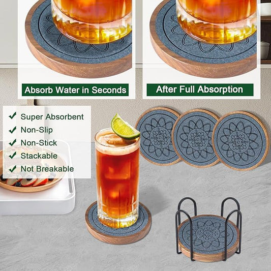 5 Pack Coasters for Drinks Absorbent, Coasters for Coffee Table with Holder, Non-Slip, Non-Stick, Suit for Kinds of Cups 4.3 inch Gray