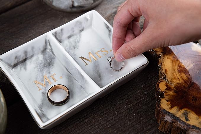 Aller Home & Kitchen Mr. & Mrs. Ring Dish - Marble Design Trinket Dish, Couples Ring Holder Dish - His and Hers Two Section Jewelry Dish Tray, Great for Wedding and Engagement Gifts