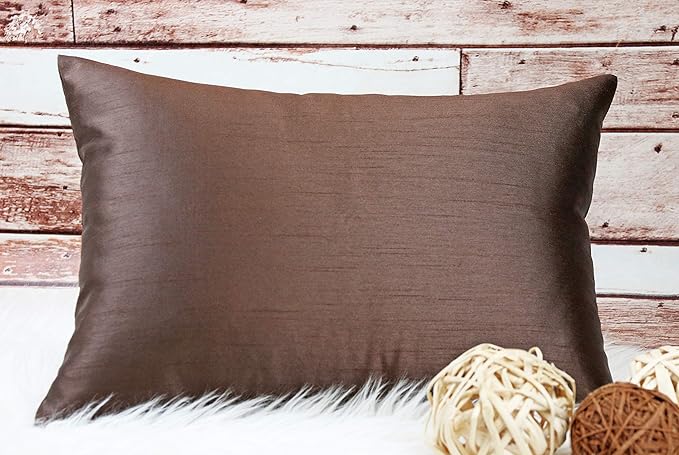 Aiking Home 12x18 Inches Faux Silk Rectangular Throw Pillow Cover, Zipper Closure, Brown (Set of 2)