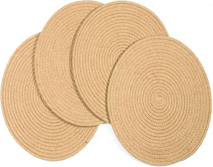 Jute Woven Placemats, Set of 4 Round Braided Tablemats Natural Jute Rope Large Plate Chargers Handmade Woven Placemats Heat Resistant Non-Slip Potholder for Dining Table (13.8 inch)