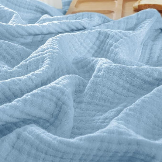 PHF 100% Cotton Muslin Blanket Twin XL Size 66"x90", 4-Layer Lightweight Gauze Throw, Breathable Cloud-Soft Minimalist Blanket for Bed, Couch, Camping & Baby, Sky Blue, Ideal Gift
