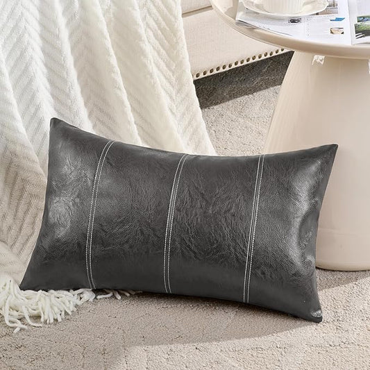 Fancy Homi 2 Packs Dark Gray Long Lumbar Faux Leather Decorative Throw Pillow Covers 12x24 Inch for Outdoor Couch Bed, Modern Farmhouse Boho Home Decor, Grey Hand Stitched Cushion Case 30x60 cm