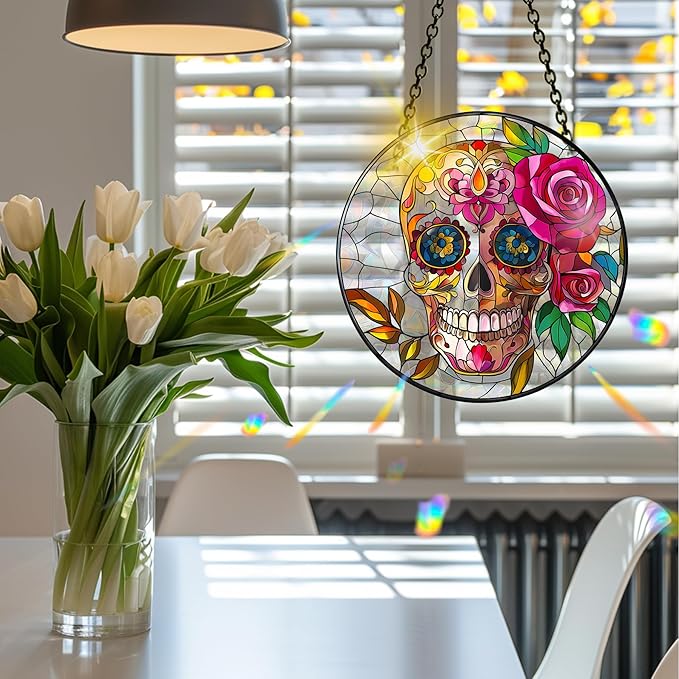 VAIIEYO Skull Rose Acrylic Sun Catcher Window Hanging Decoration, 7.8 Inch Double-Sided Light Reflecting Ornament for Window, Garden, Porch or Balcony Decor, Housewarming, Gift for Natural Lovers